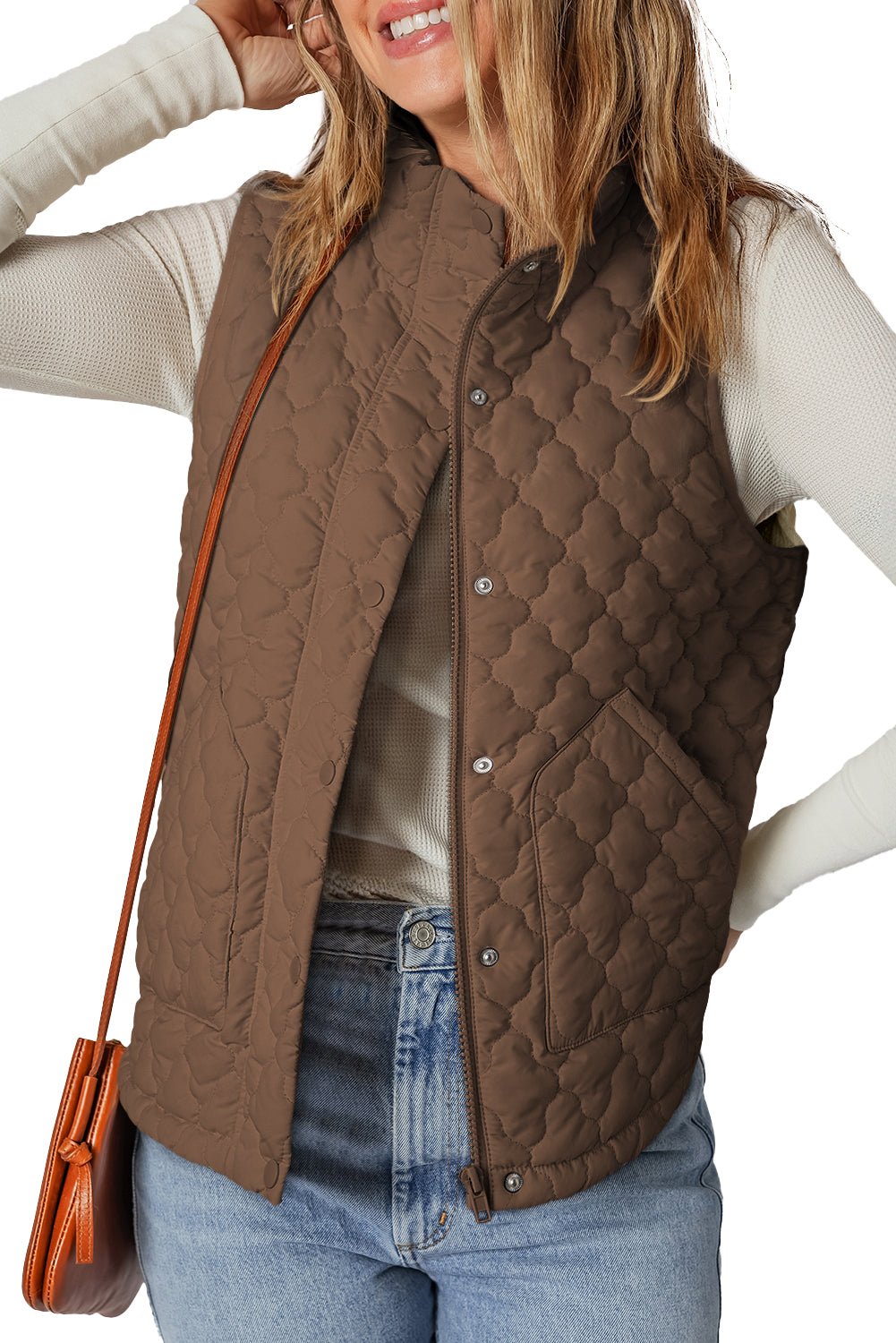 Wild Ginger Flower Shape Quilted Snap Button Zip Up Winter Vest - MAD RUFFI