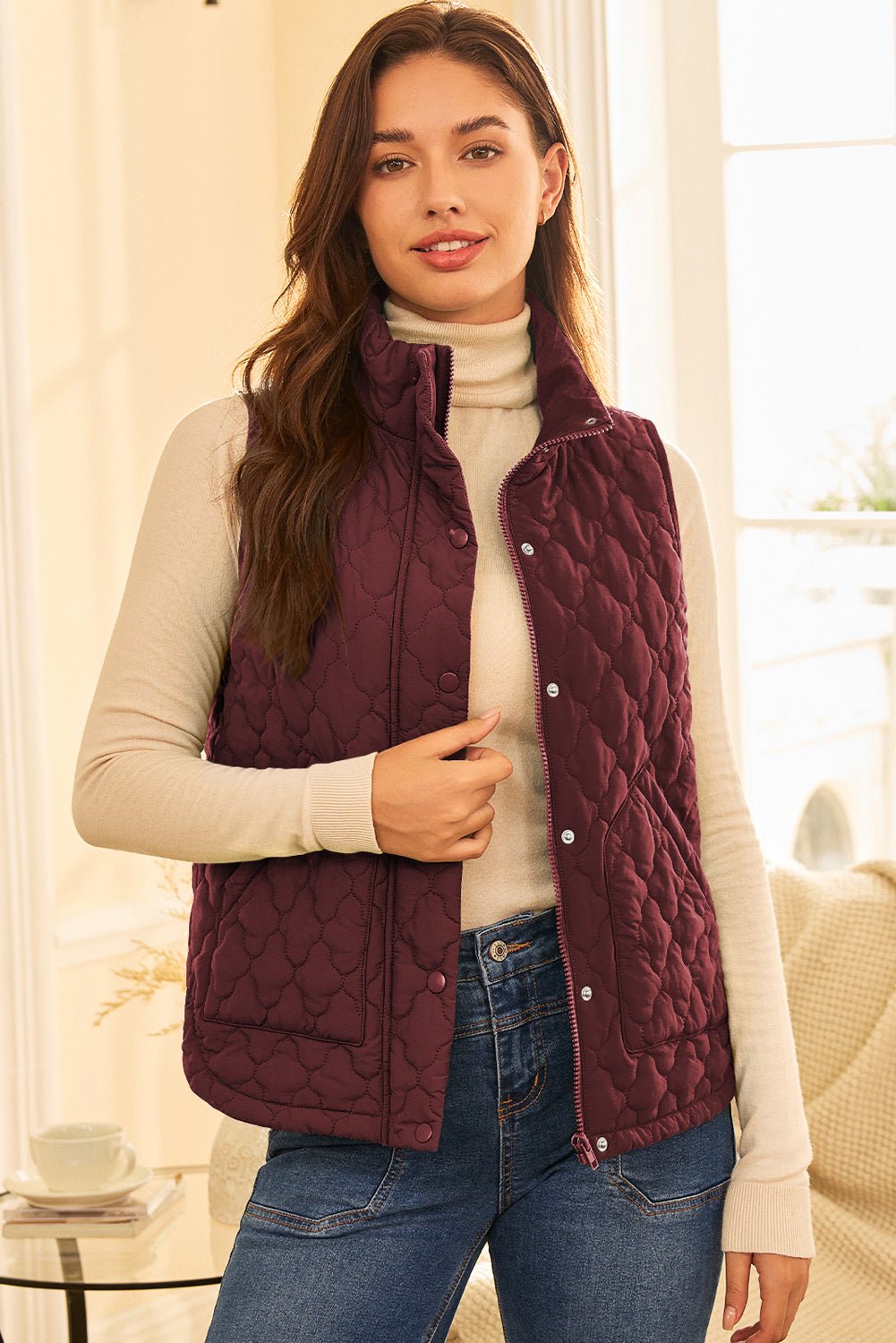 Wild Ginger Flower Shape Quilted Snap Button Zip Up Winter Vest - MAD RUFFI