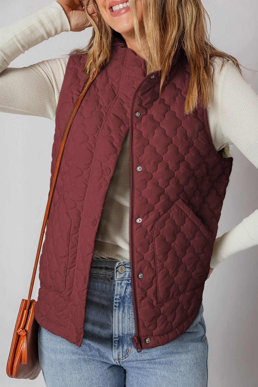 Wild Ginger Flower Shape Quilted Snap Button Zip Up Winter Vest - MAD RUFFI