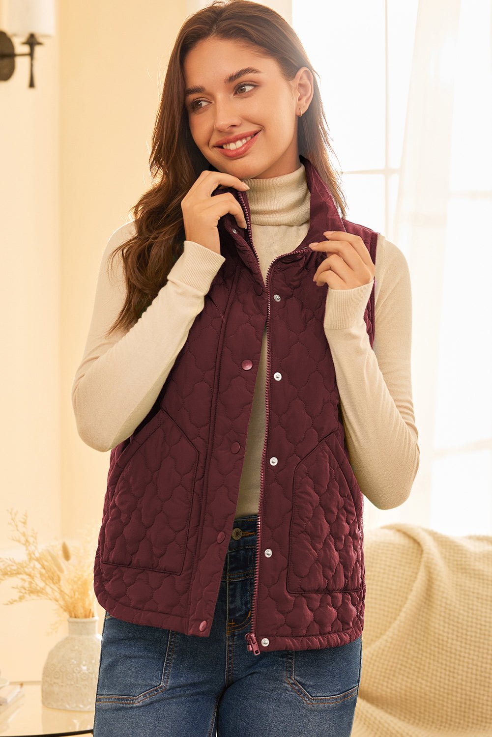Wild Ginger Flower Shape Quilted Snap Button Zip Up Winter Vest - MAD RUFFI