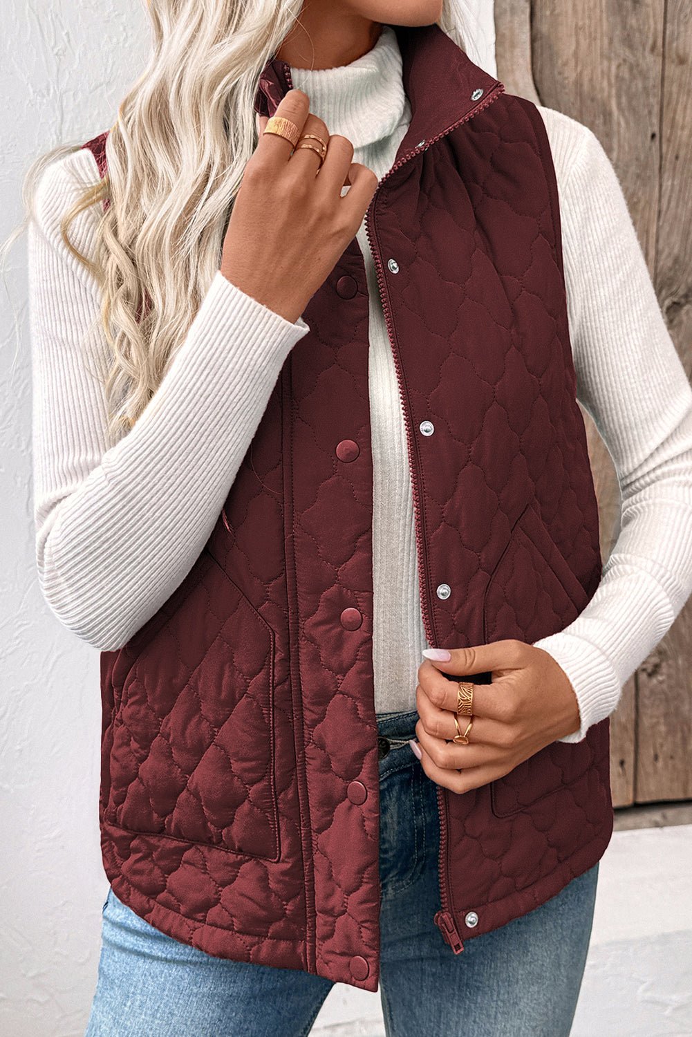 Wild Ginger Flower Shape Quilted Snap Button Zip Up Winter Vest - MAD RUFFI