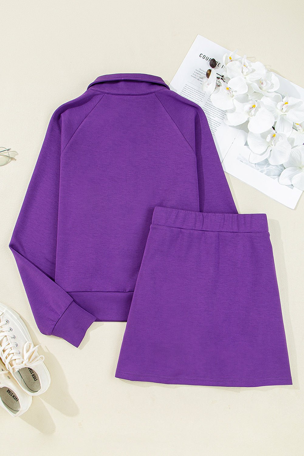 Wisteria Collar Half Zip Pullover Mini Skirt Plus Size 2pcs Set - MAD RUFFI