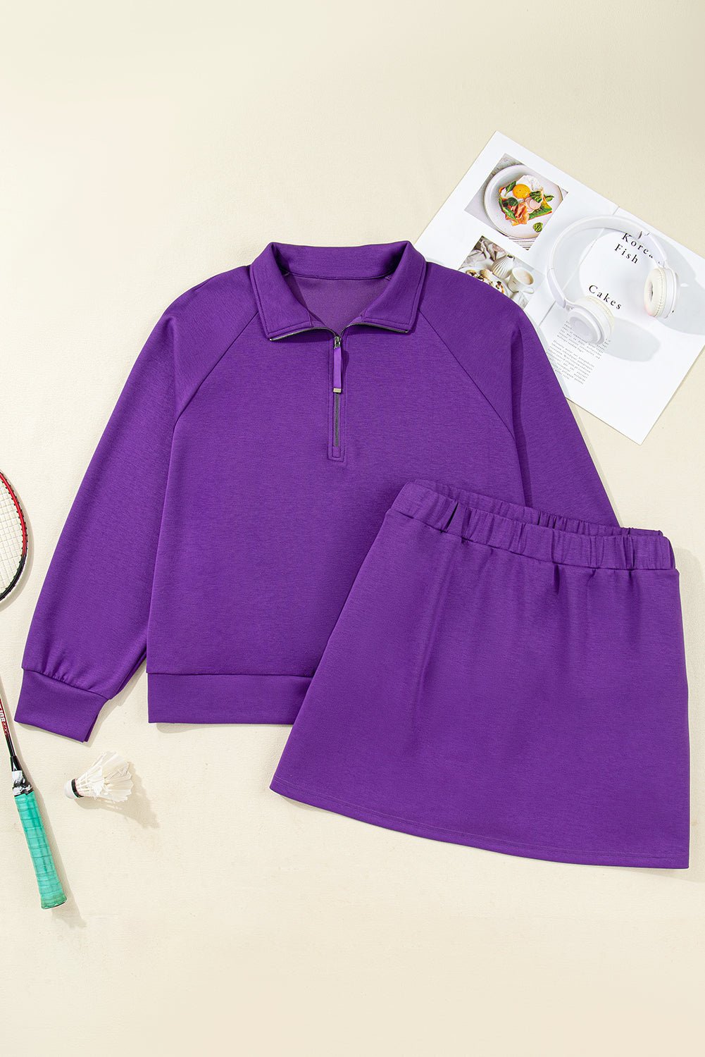 Wisteria Collar Half Zip Pullover Mini Skirt Plus Size 2pcs Set - MAD RUFFI