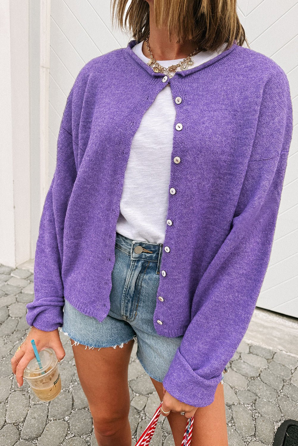 Wisteria Solid Color Knit Button Drop Shoulder Sweater Cardigan - MAD RUFFI