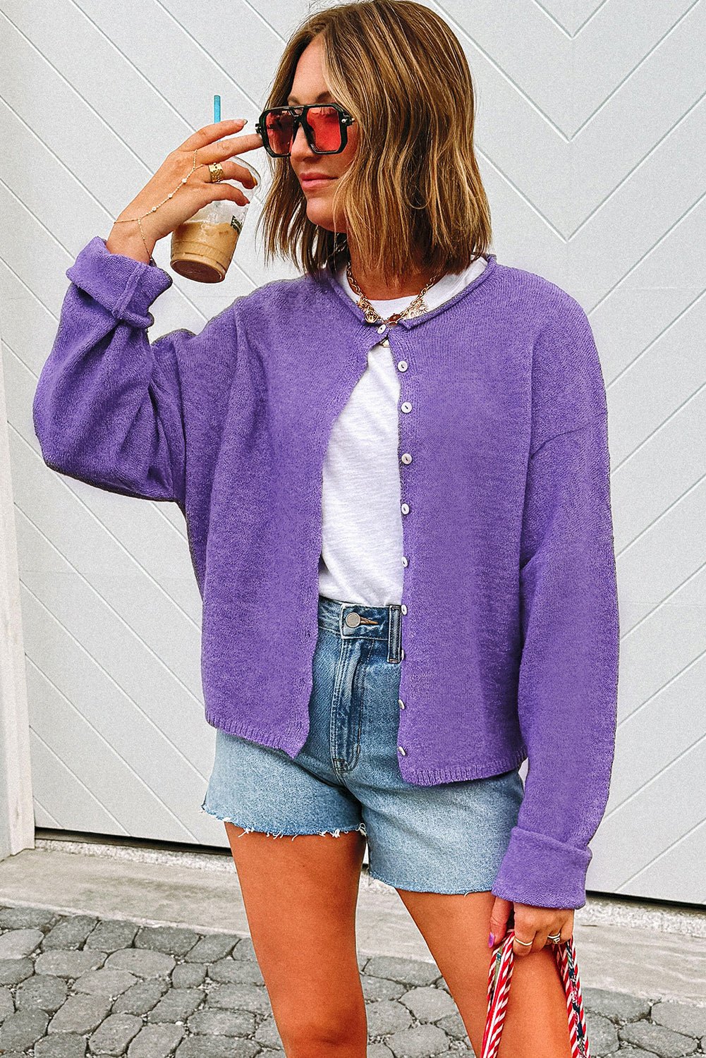 Wisteria Solid Color Knit Button Drop Shoulder Sweater Cardigan - MAD RUFFI