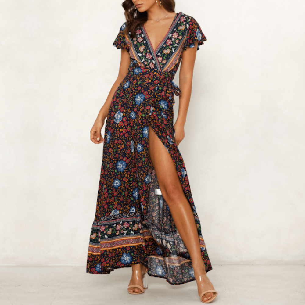 Womens Wrap Style V Neck Floral Maxi Dress - MAD RUFFI