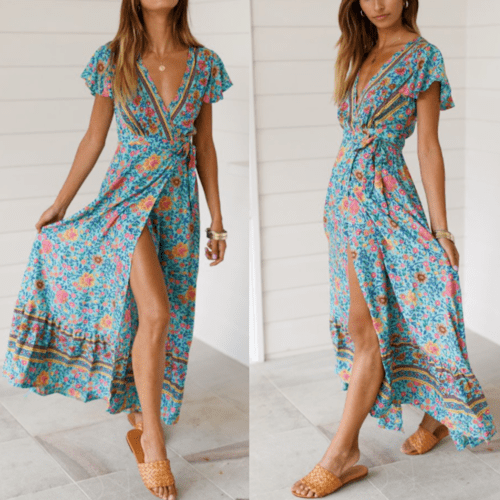 Womens Wrap Style V Neck Floral Maxi Dress - MAD RUFFI
