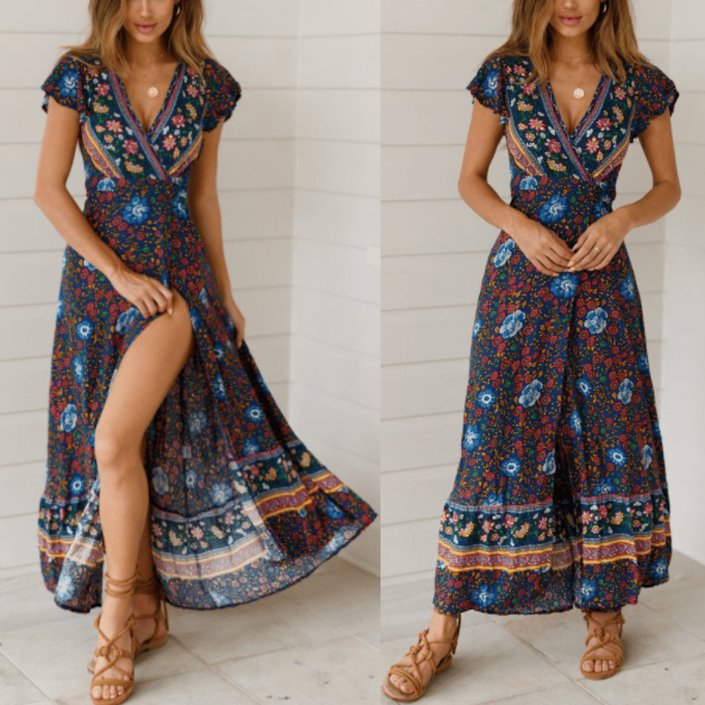 Womens Wrap Style V Neck Floral Maxi Dress - MAD RUFFI