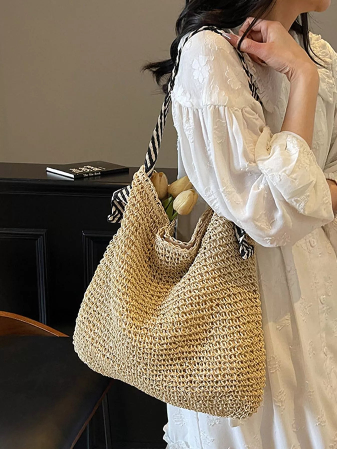 Woven Straw Shoulder Bag with Striped Handles - MAD RUFFI