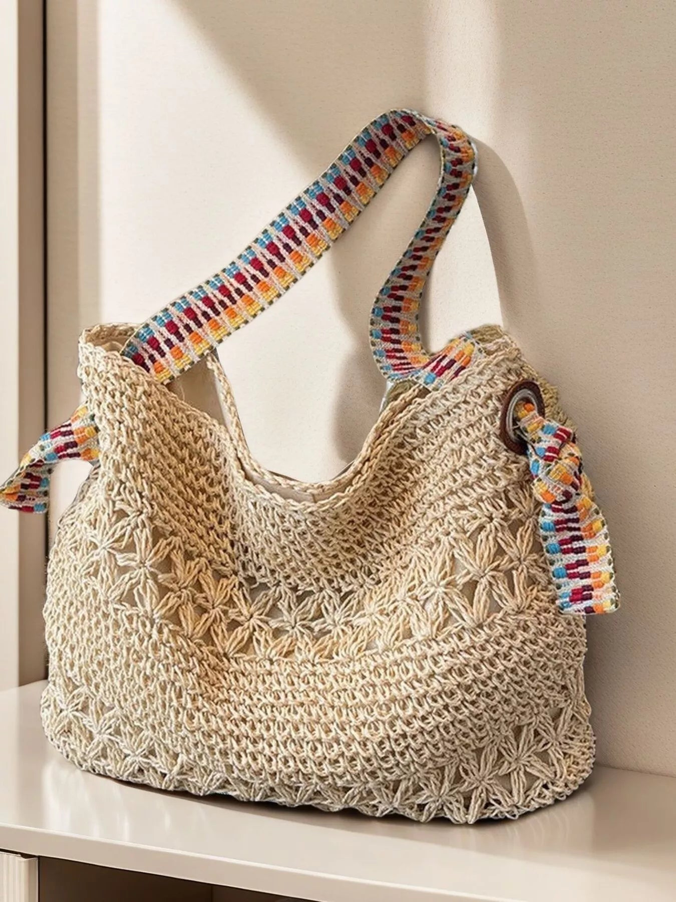 Woven Straw Shoulder Bag with Striped Handles - MAD RUFFI