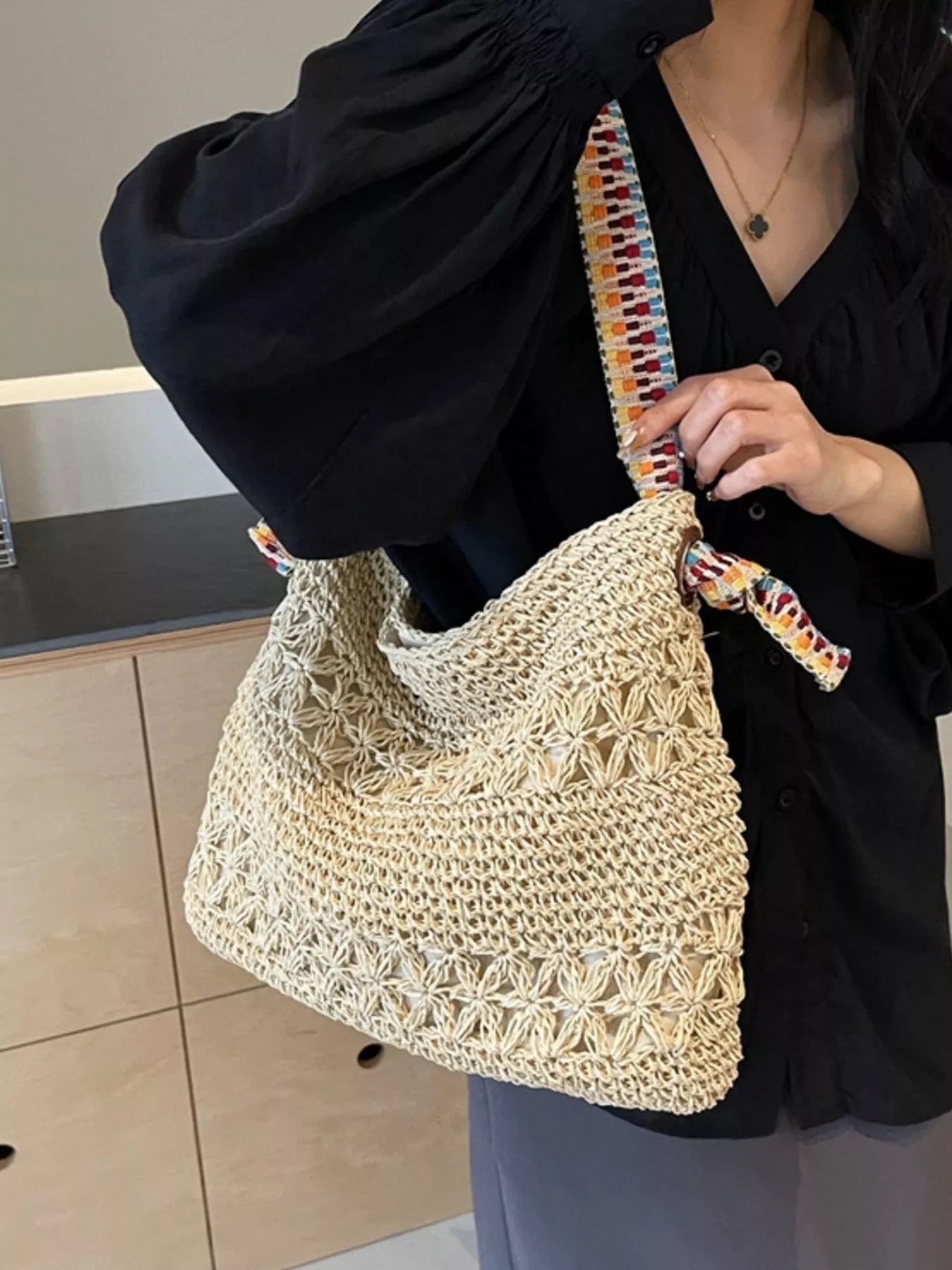 Woven Straw Shoulder Bag with Striped Handles - MAD RUFFI