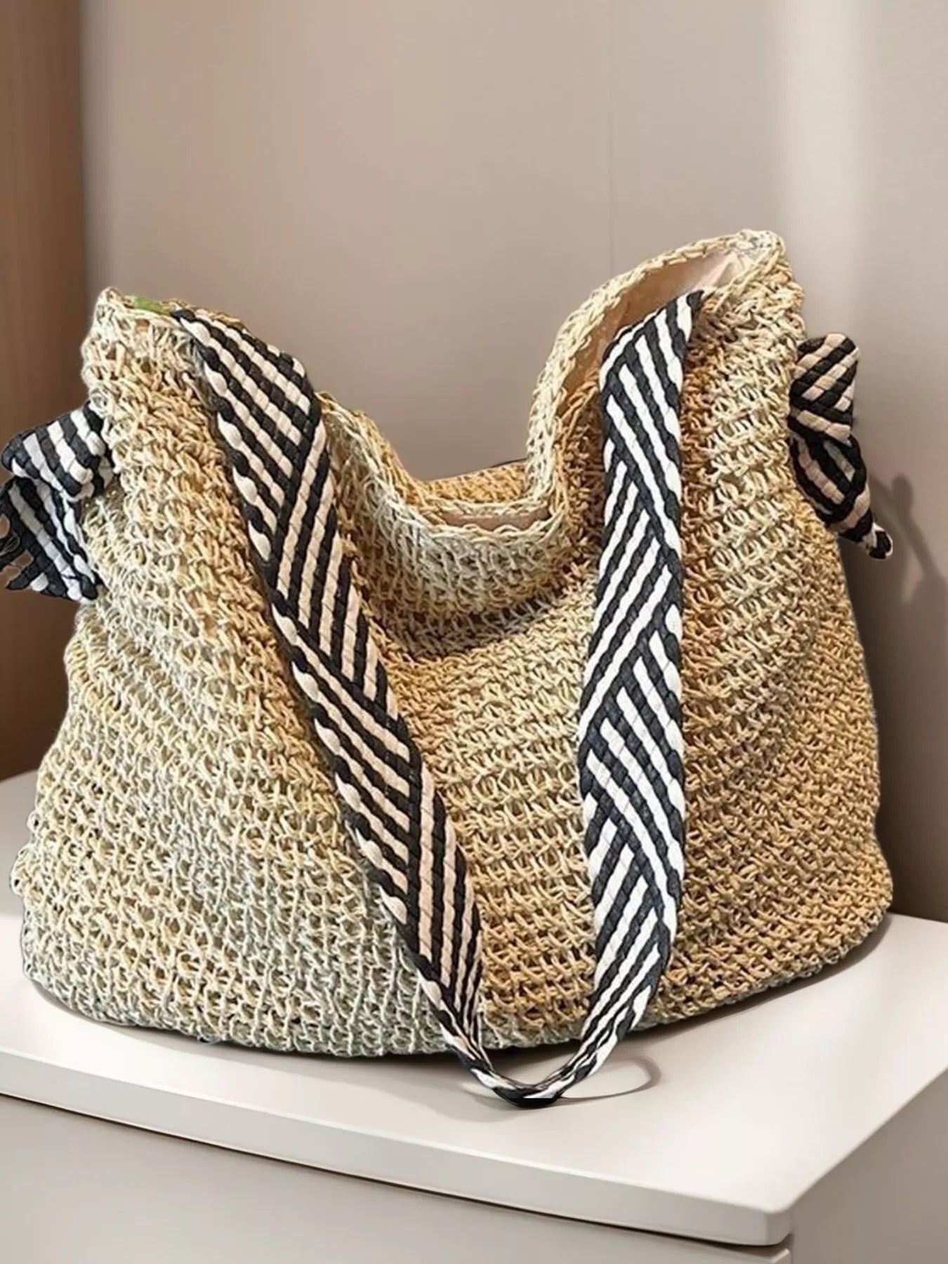 Woven Straw Shoulder Bag with Striped Handles - MAD RUFFI