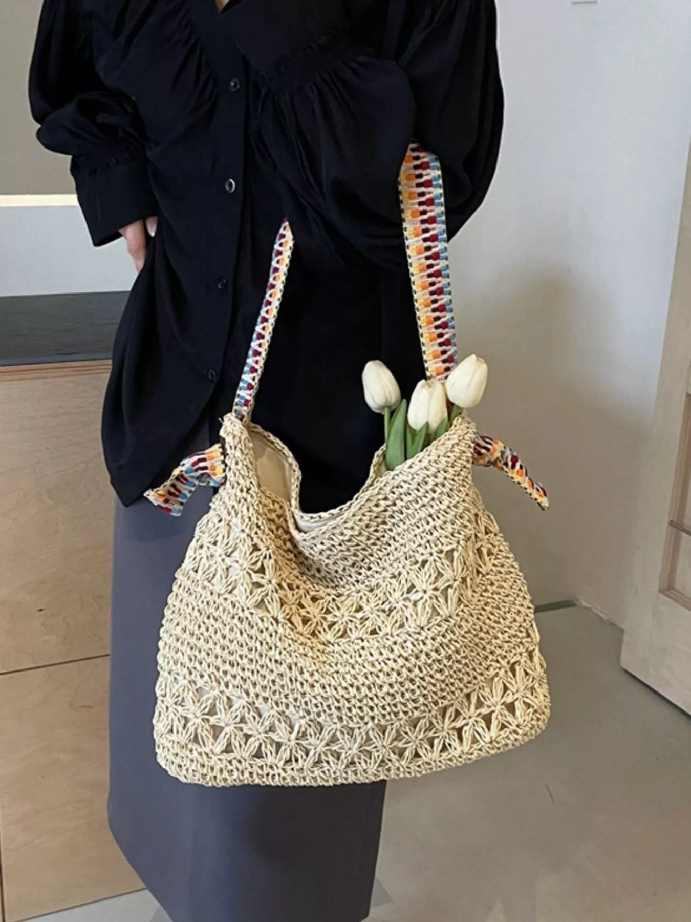 Woven Straw Shoulder Bag with Striped Handles - MAD RUFFI