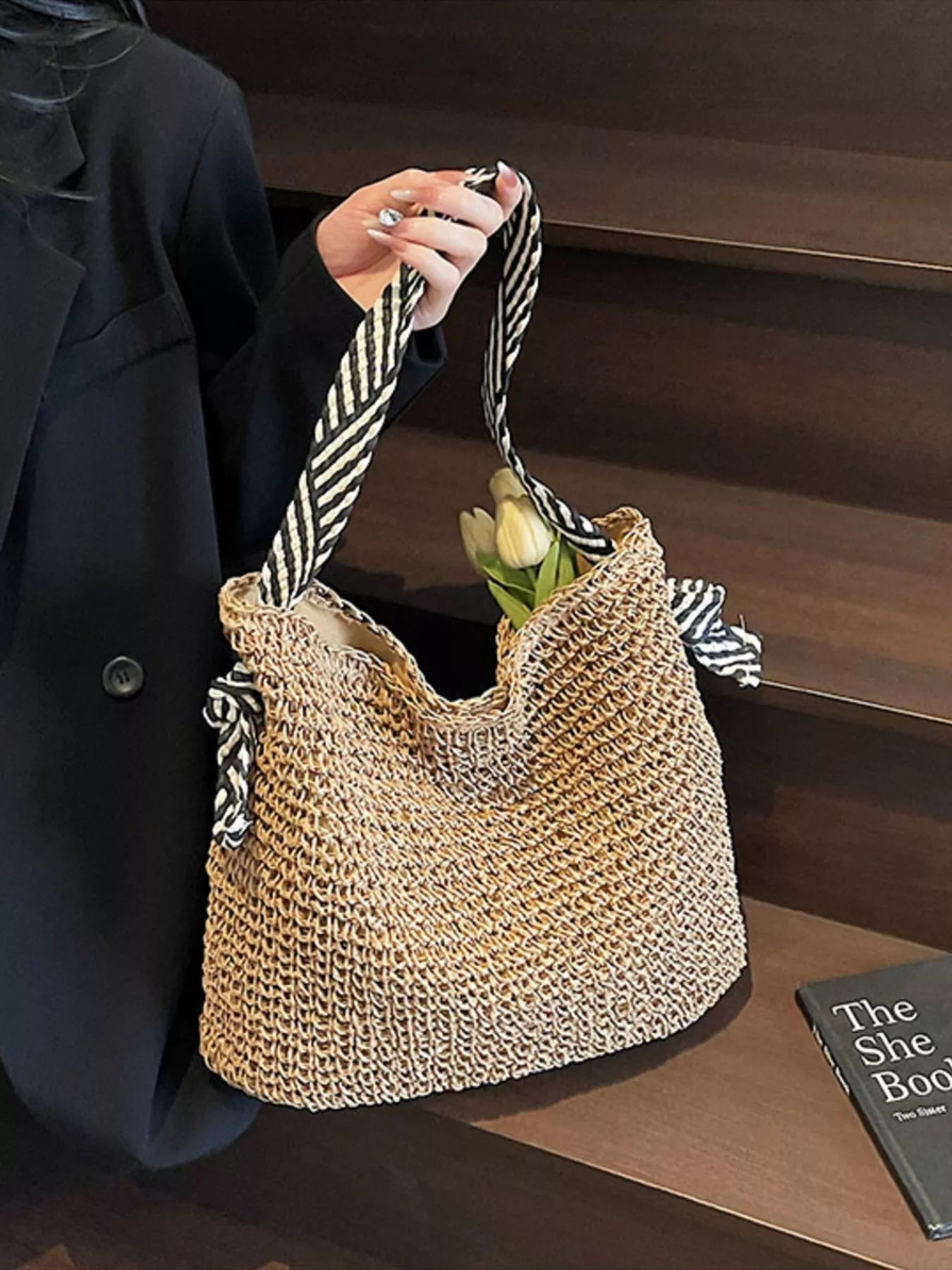 Woven Straw Shoulder Bag with Striped Handles - MAD RUFFI