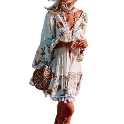 Long Sleeve V-Neck Bohemian Dress