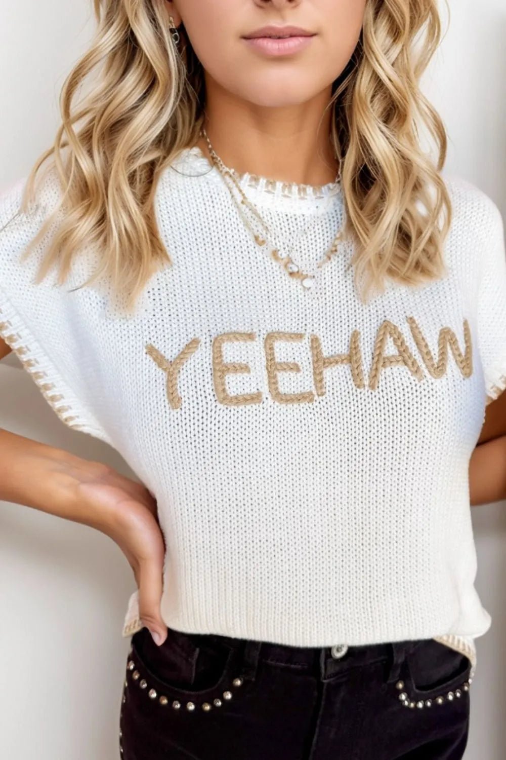 YEEHAW Stitch Edge Crew Neck Knit Top - MAD RUFFI