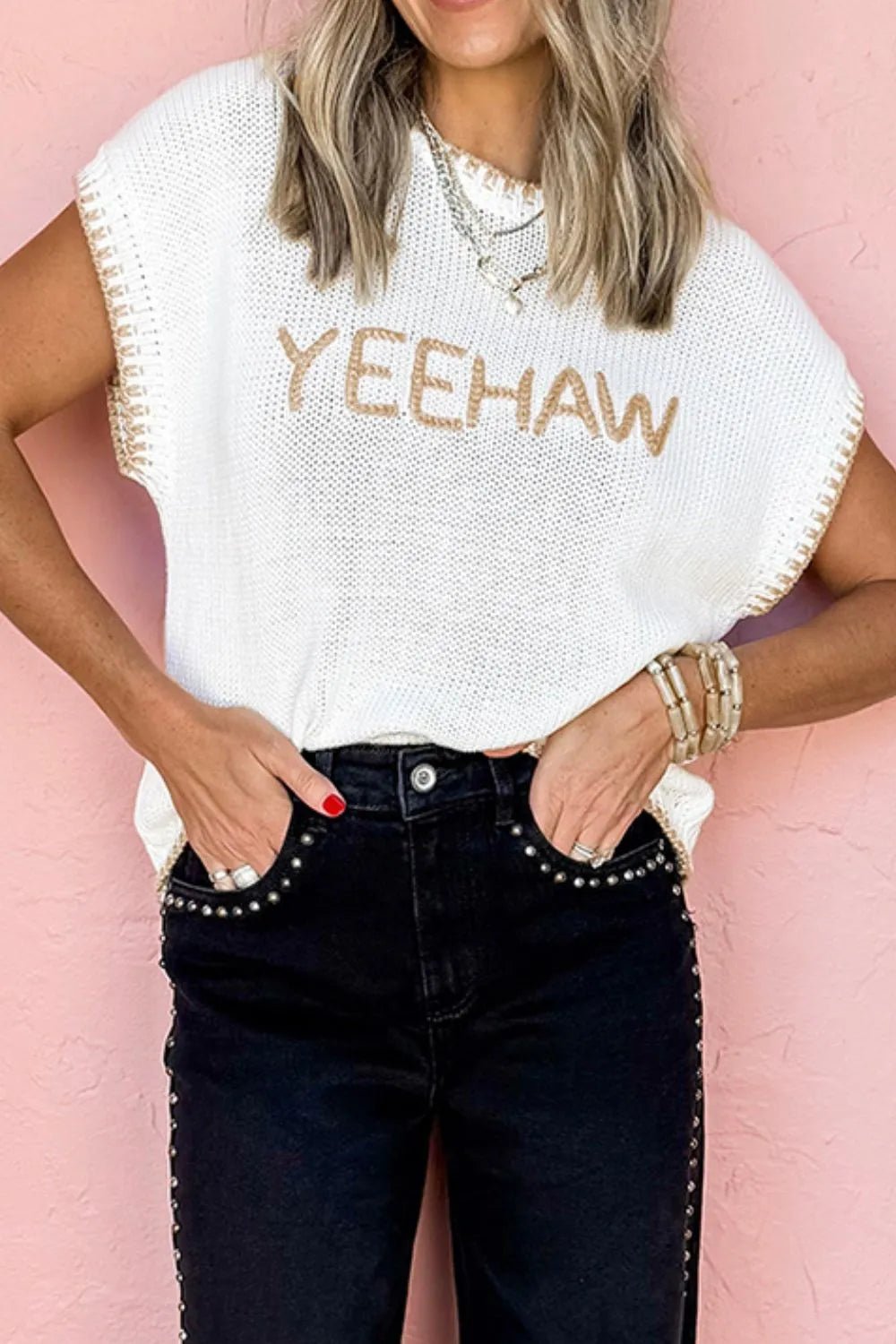 YEEHAW Stitch Edge Crew Neck Knit Top - MAD RUFFI