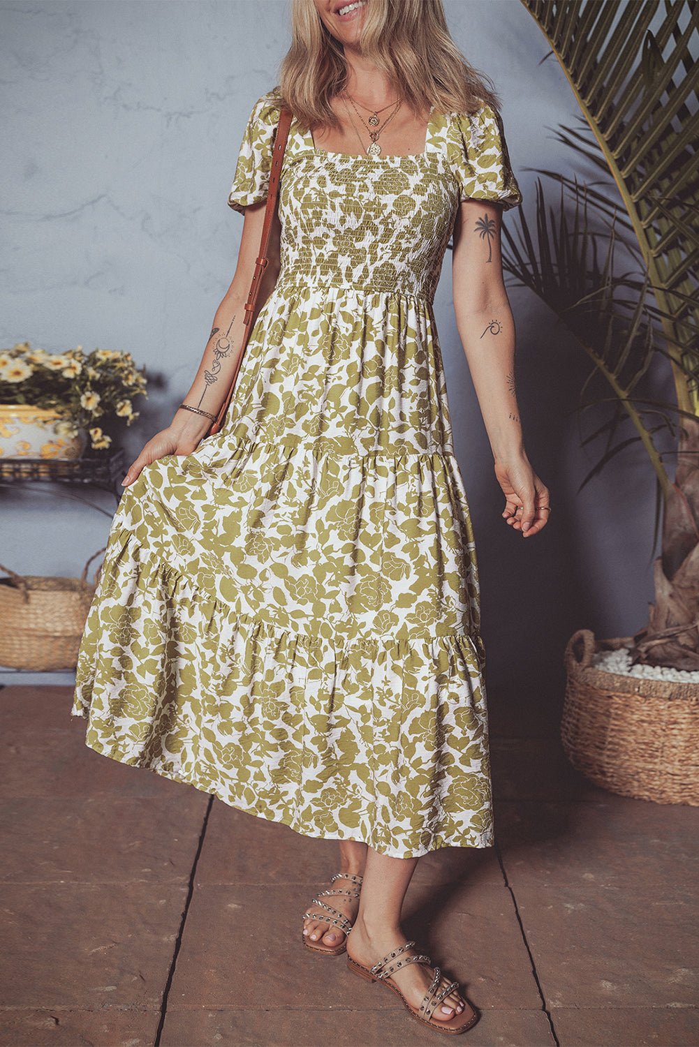 Yellow Boho Floral Print Square Neck Puff Sleeve Tiered Maxi Dress - MAD RUFFI