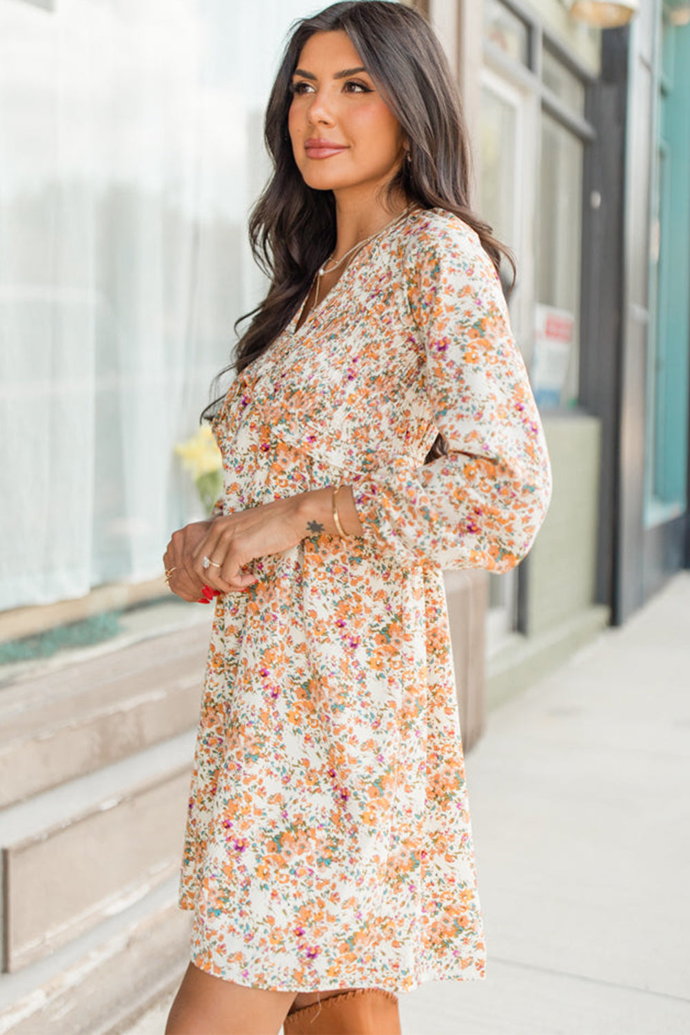 Yellow Boho Floral V Neck Ruffled High Waist Long Sleeve Mini Dress - MAD RUFFI