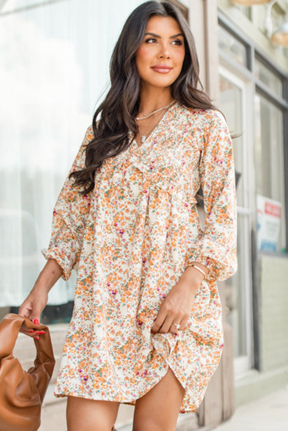 Yellow Boho Floral V Neck Ruffled High Waist Long Sleeve Mini Dress - MAD RUFFI