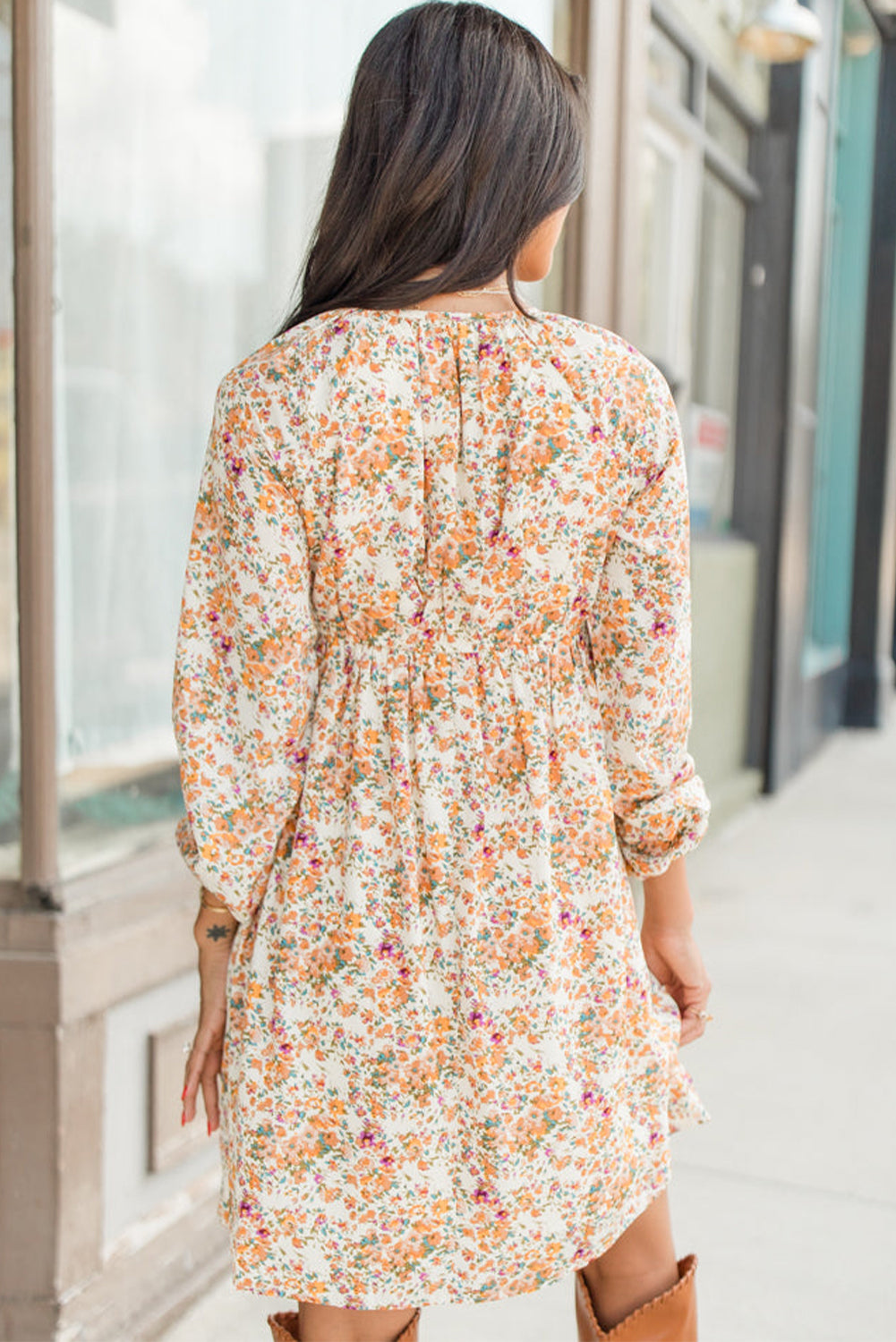 Yellow Boho Floral V Neck Ruffled High Waist Long Sleeve Mini Dress - MAD RUFFI