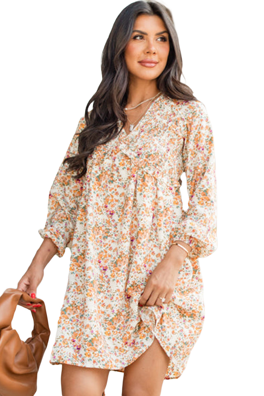 Yellow Boho Floral V Neck Ruffled High Waist Long Sleeve Mini Dress - MAD RUFFI