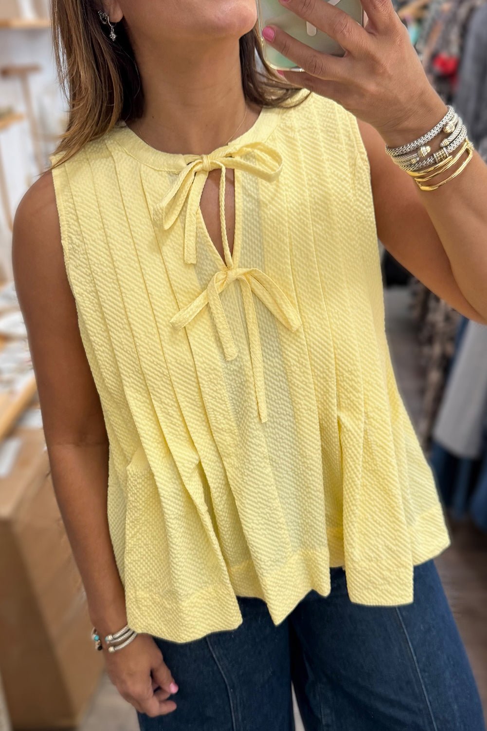 yellow cream bow tie notched neck pleated sleeveless top - MAD RUFFI