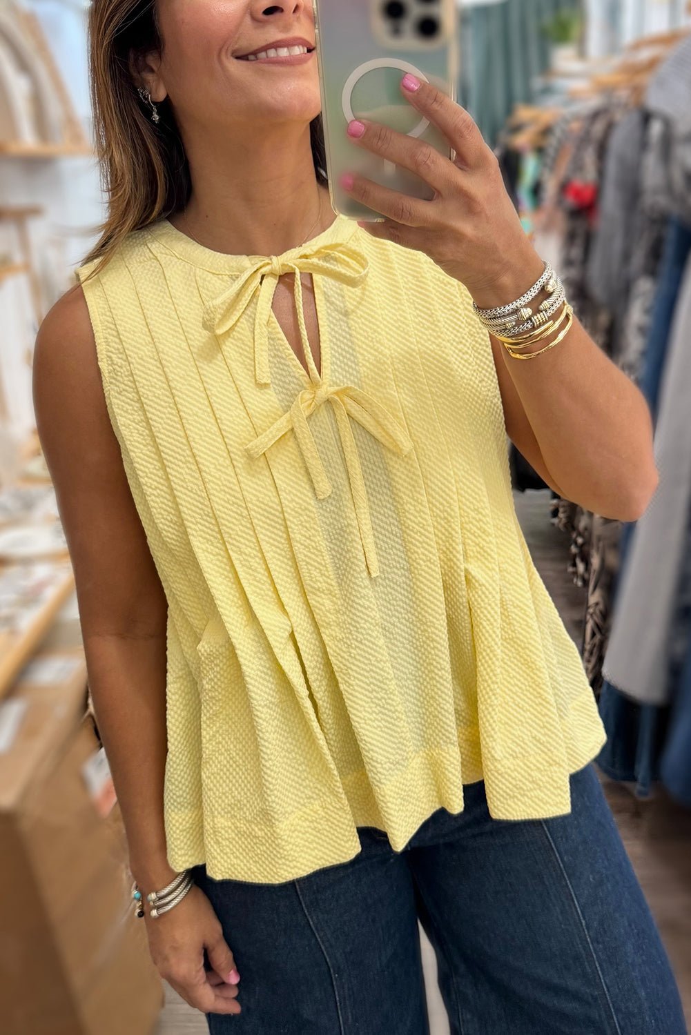 yellow cream bow tie notched neck pleated sleeveless top - MAD RUFFI