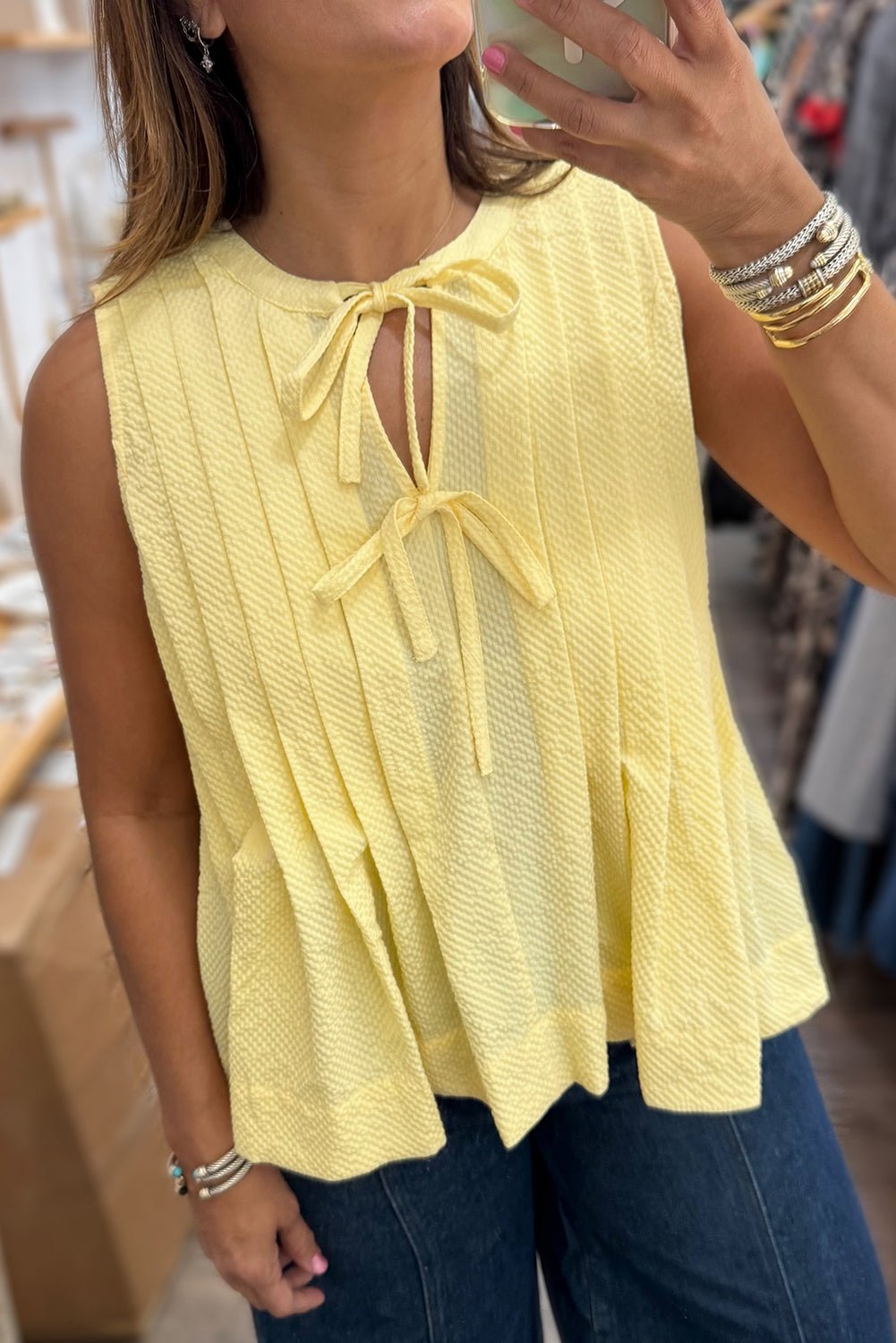 yellow cream bow tie notched neck pleated sleeveless top - MAD RUFFI