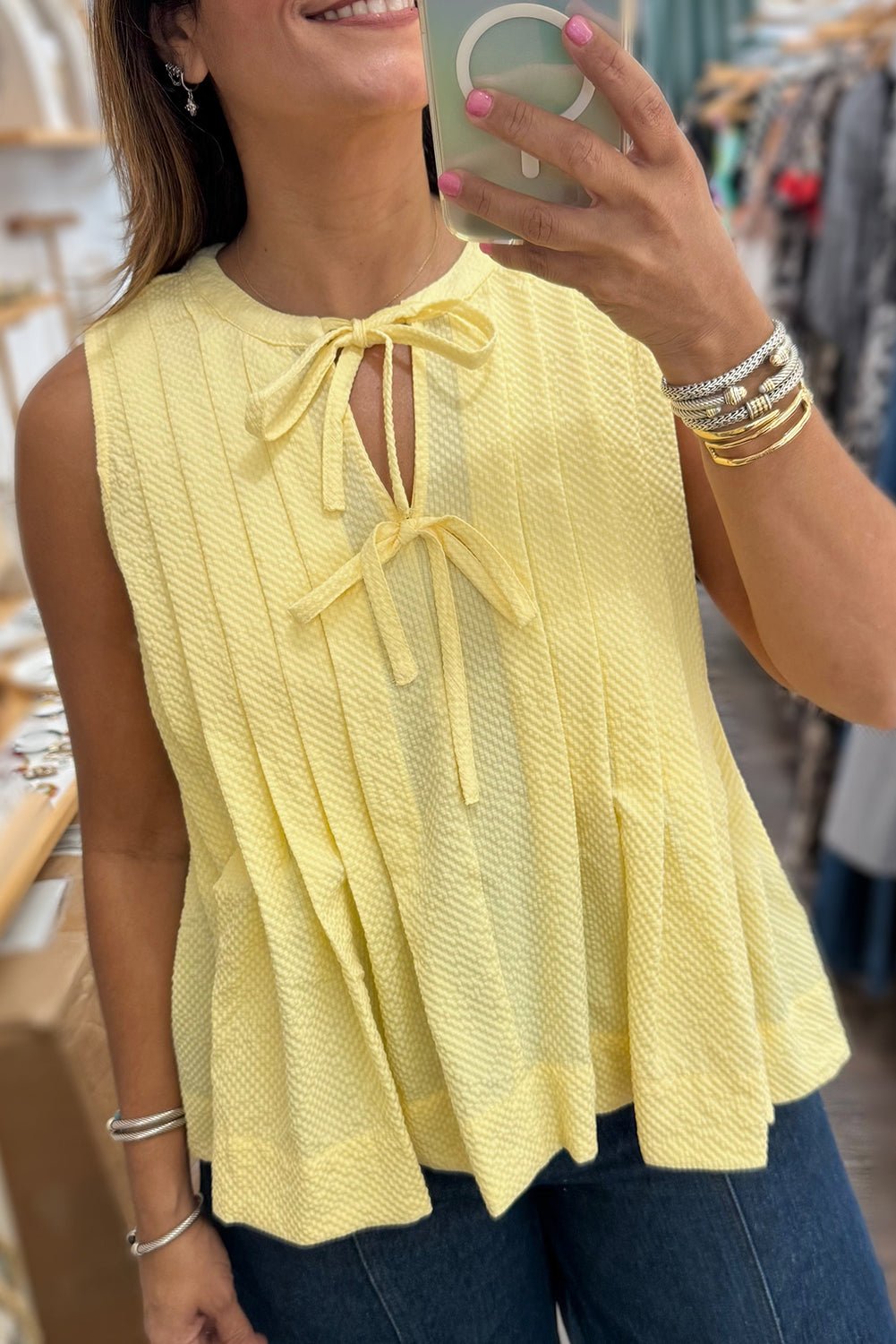 yellow cream bow tie notched neck pleated sleeveless top - MAD RUFFI
