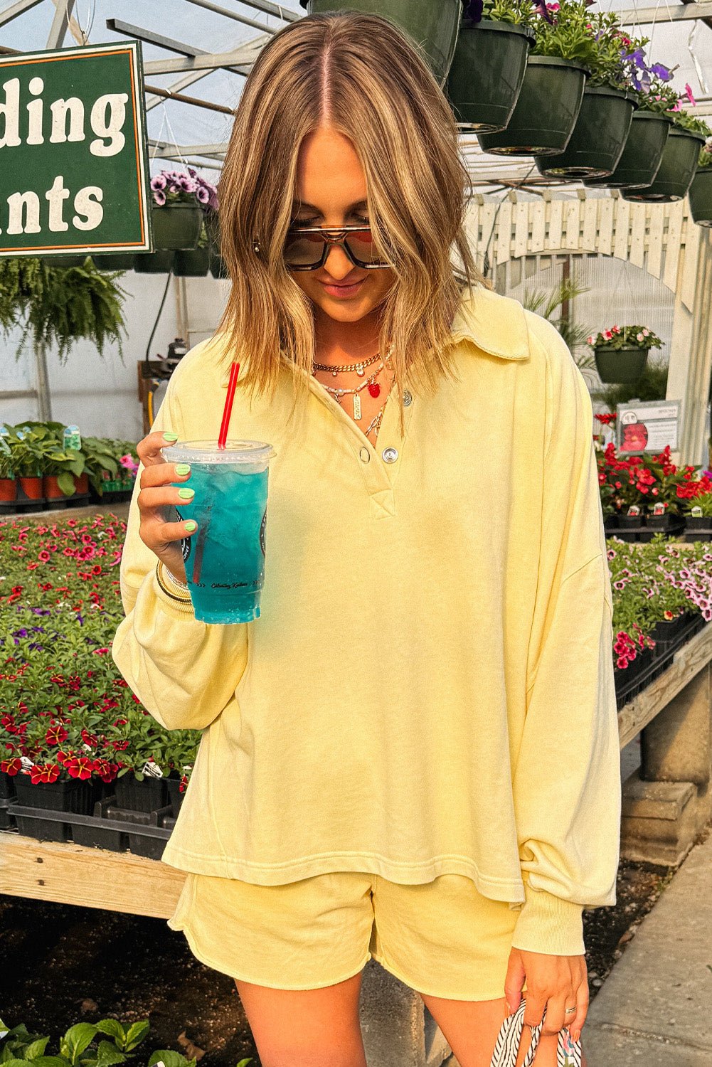 Yellow Cream Button Collar Drop Shoulder Pullover and Shorts Set - MAD RUFFI