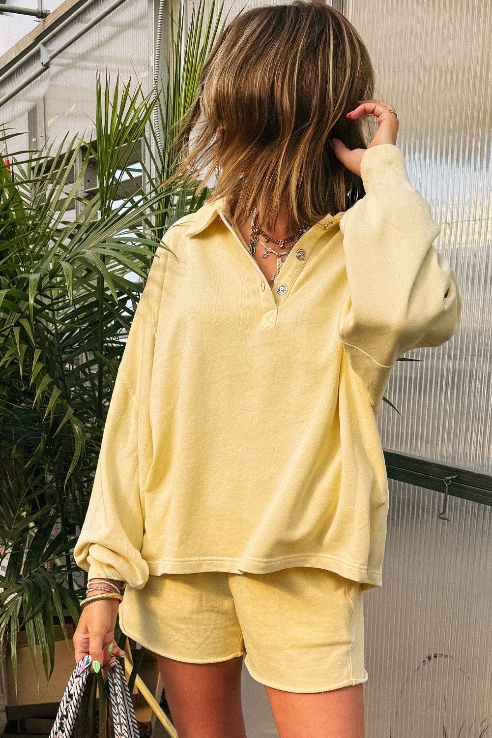 Yellow Cream Button Collar Drop Shoulder Pullover and Shorts Set - MAD RUFFI