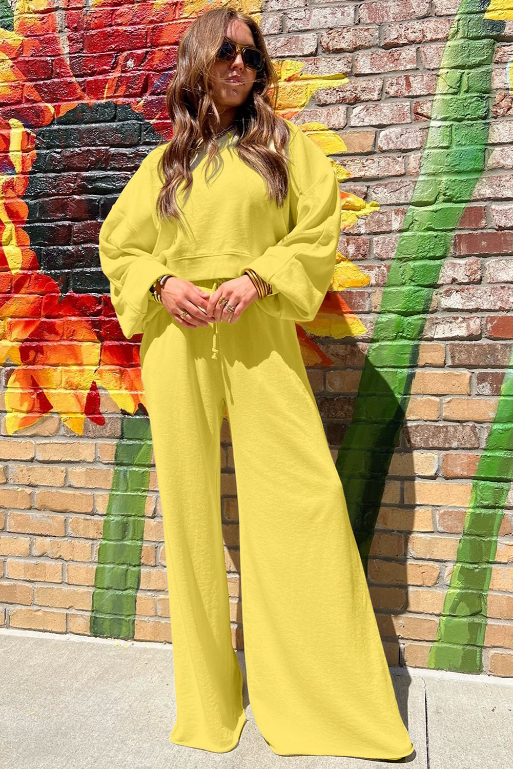 Yellow Cream Drop Shoulder Crop Pullover Drawstring Wide Leg Pants Set - MAD RUFFI