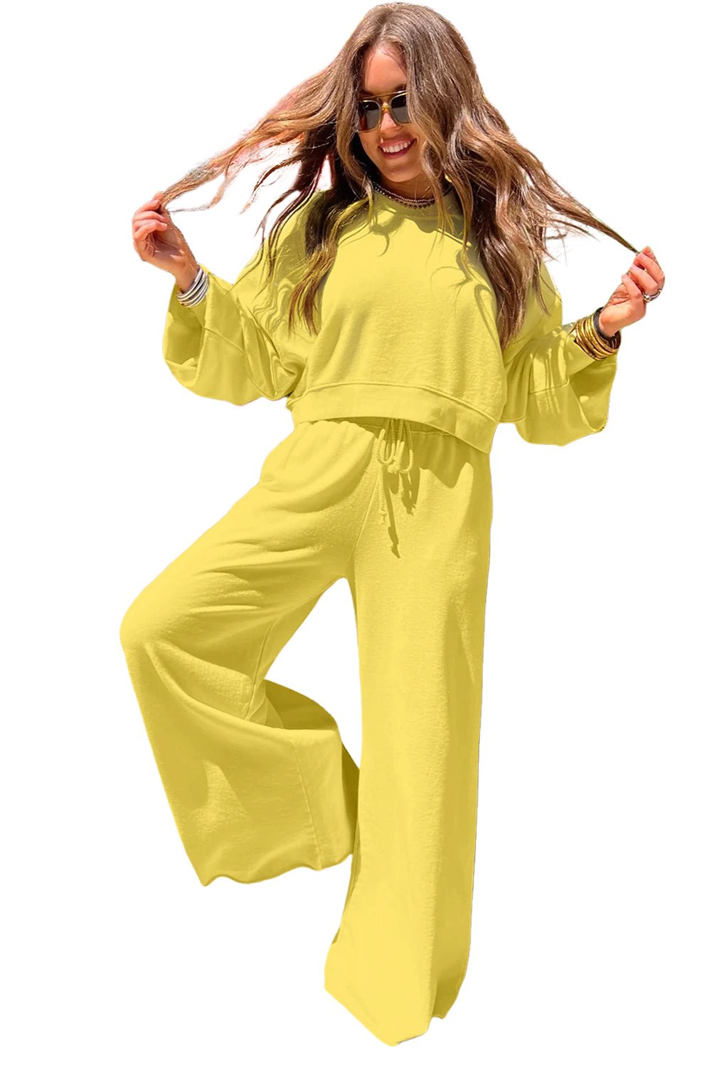 Yellow Cream Drop Shoulder Crop Pullover Drawstring Wide Leg Pants Set - MAD RUFFI