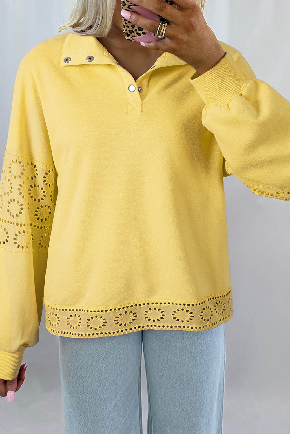 Yellow Cream Embroidered Flower Patchwork Snap Buttons Pullover Sweatshirt - MAD RUFFI
