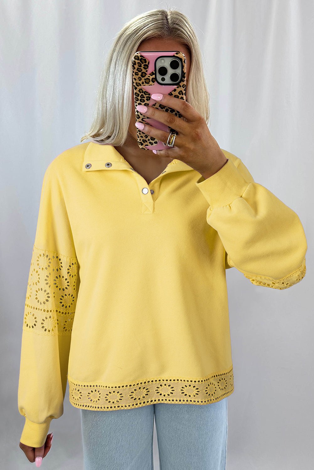 Yellow Cream Embroidered Flower Patchwork Snap Buttons Pullover Sweatshirt - MAD RUFFI