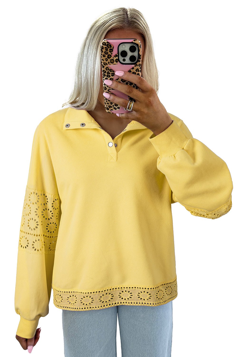 Yellow Cream Embroidered Flower Patchwork Snap Buttons Pullover Sweatshirt - MAD RUFFI