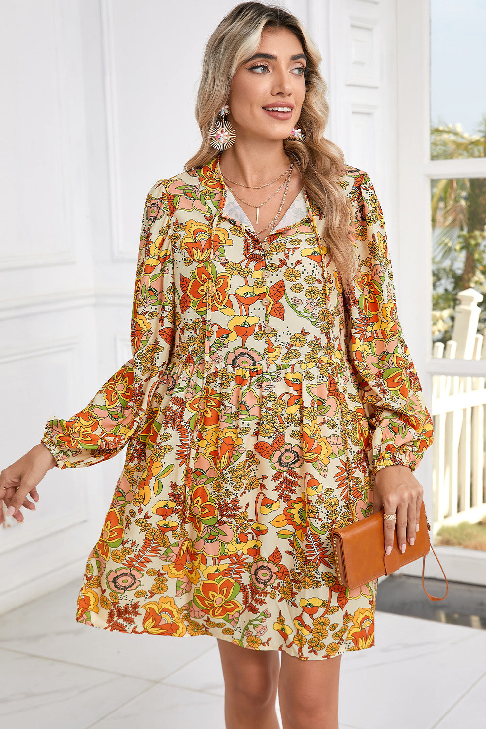 Yellow Cream Floral Print Tie V Neck Long Sleeve Mini Dress - MAD RUFFI