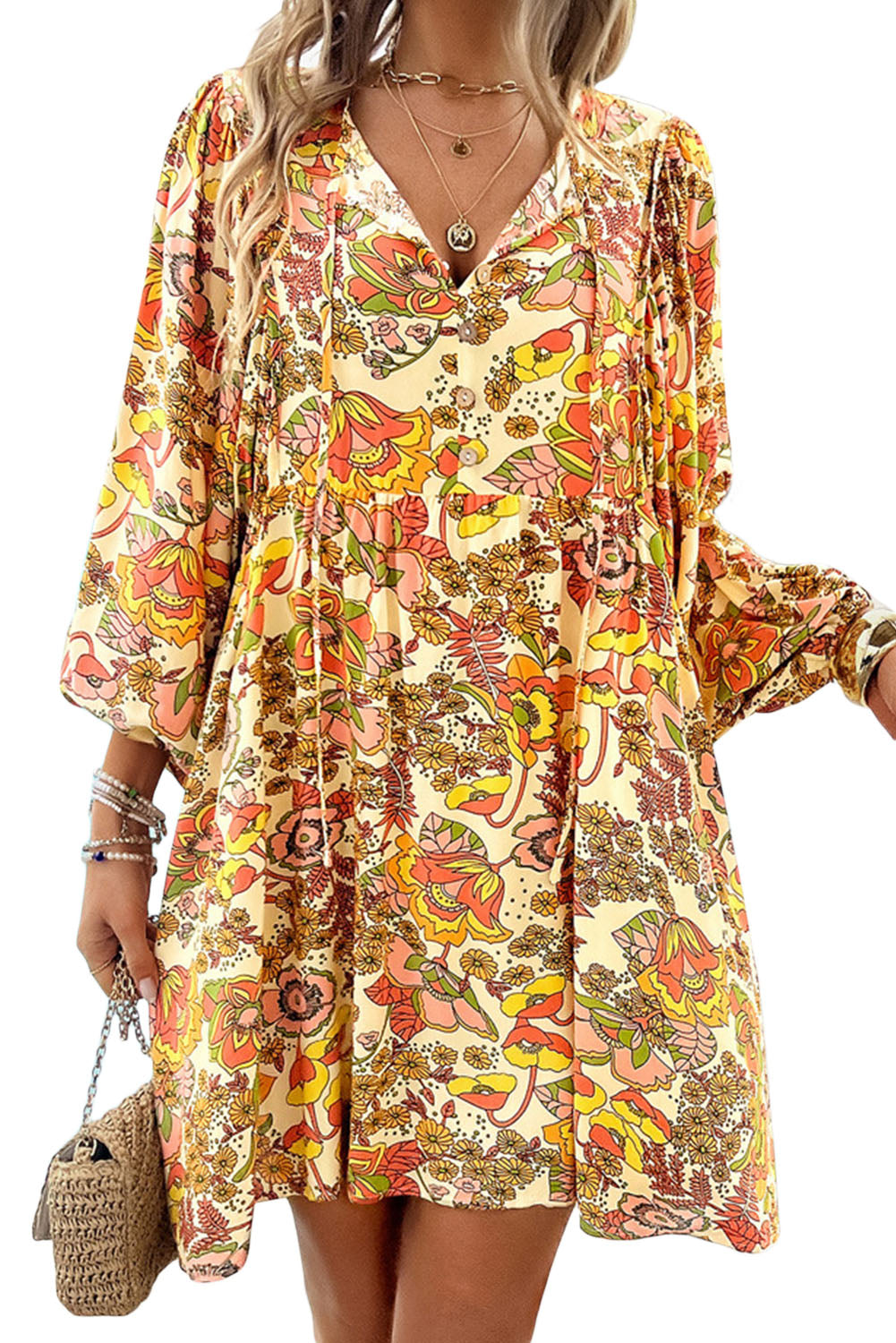 Yellow Cream Floral Print Tie V Neck Long Sleeve Mini Dress - MAD RUFFI