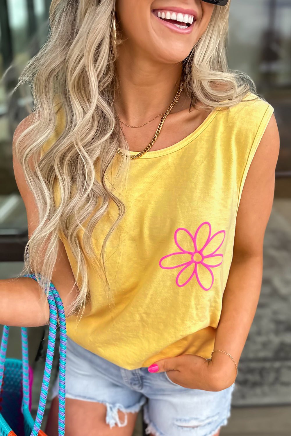 yellow cream flower graphic summer tank top - MAD RUFFI