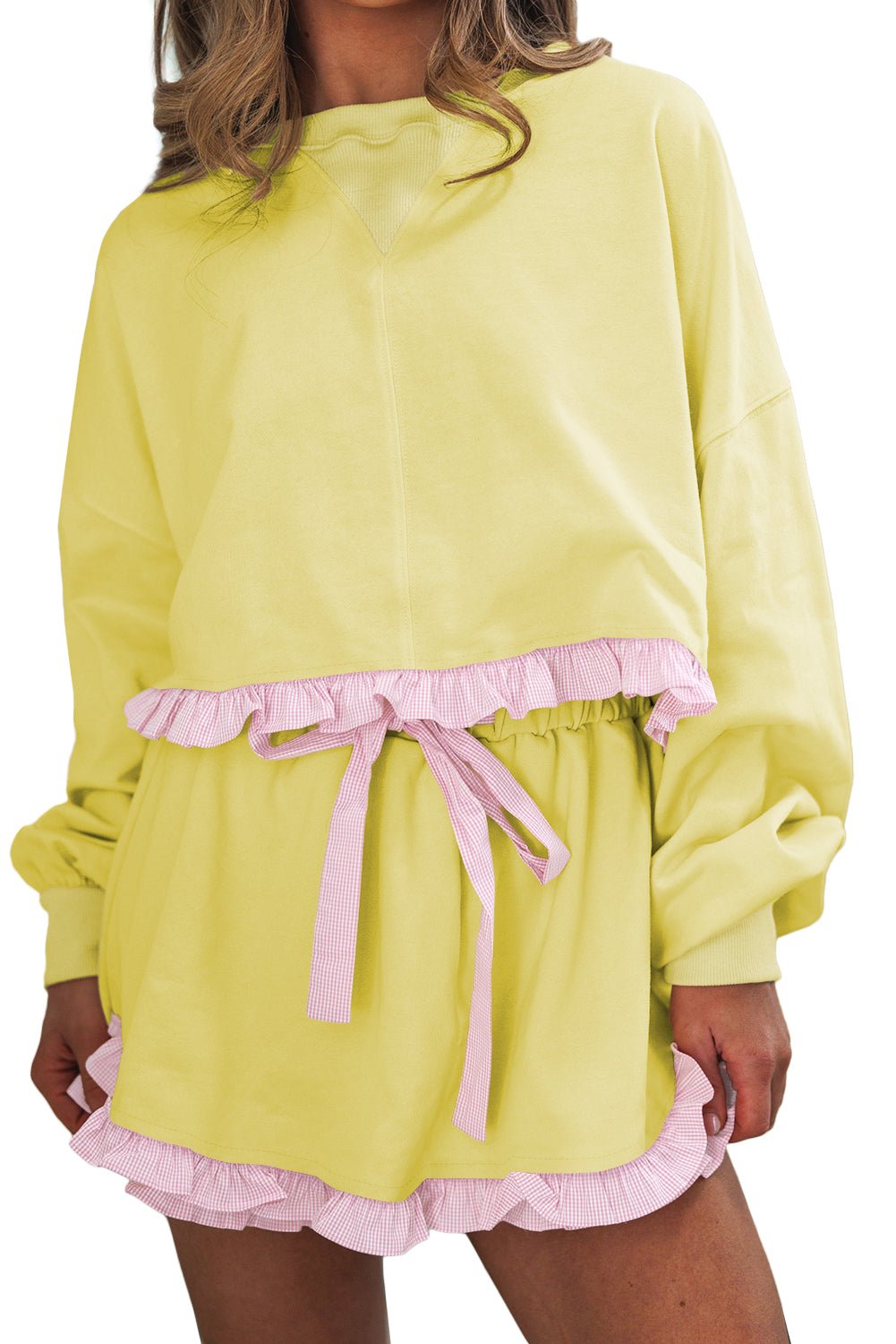 Yellow Cream Gingham Ruffle Hem Long Sleeve Pullover and Shorts Set - MAD RUFFI