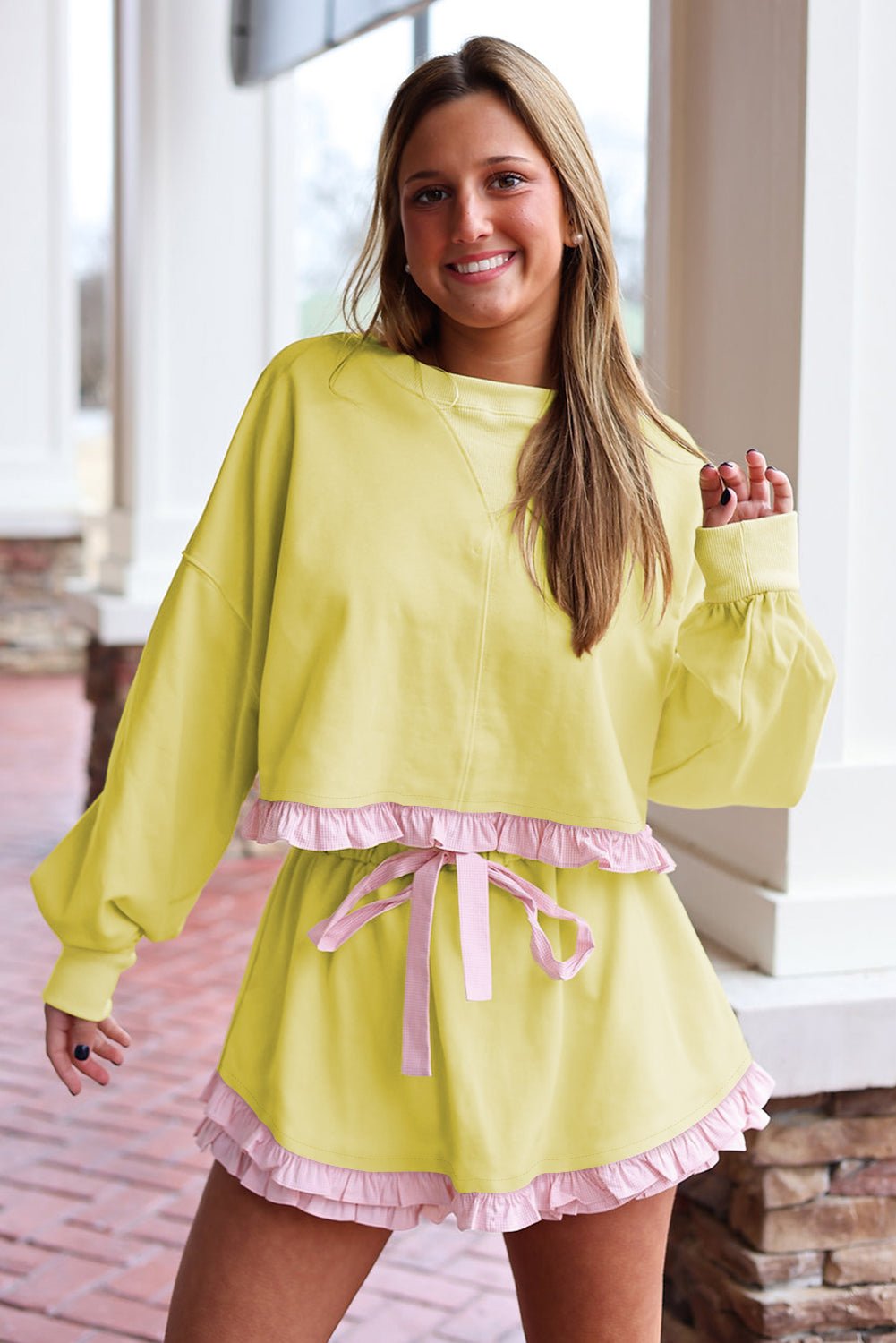 Yellow Cream Gingham Ruffle Hem Long Sleeve Pullover and Shorts Set - MAD RUFFI