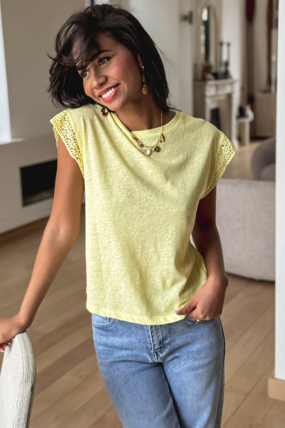 yellow cream lace patchwork cap sleeve round neck top - MAD RUFFI