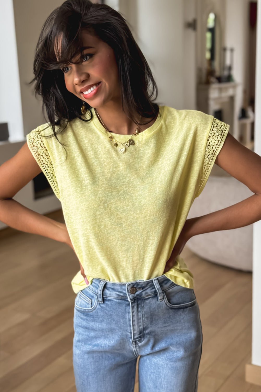 yellow cream lace patchwork cap sleeve round neck top - MAD RUFFI