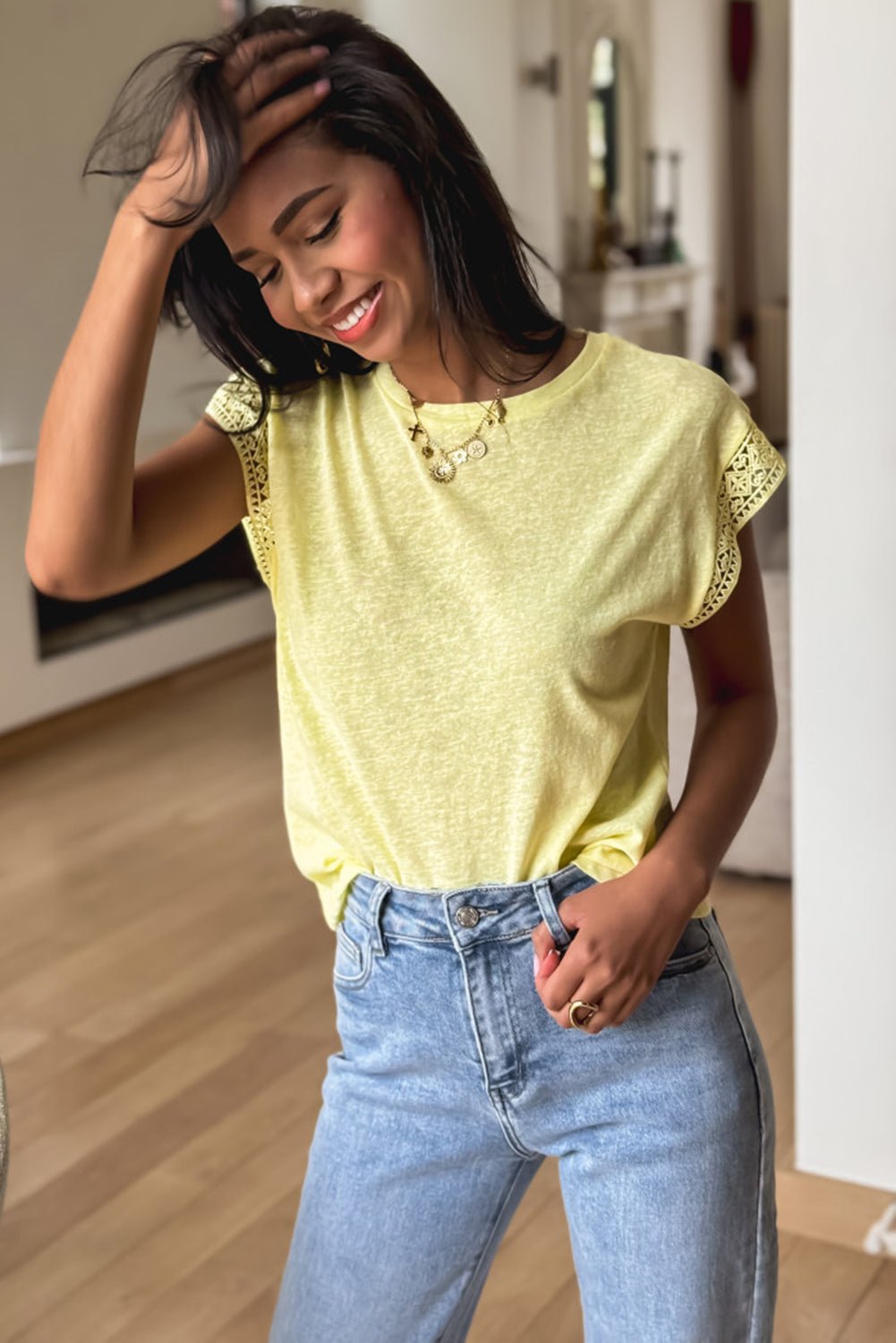 yellow cream lace patchwork cap sleeve round neck top - MAD RUFFI