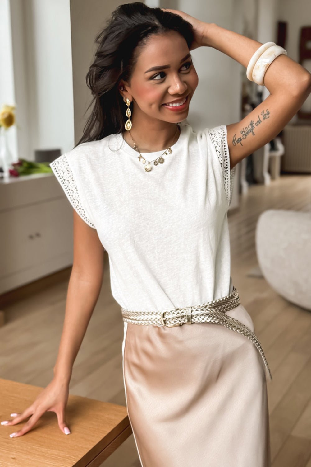 yellow cream lace patchwork cap sleeve round neck top - MAD RUFFI