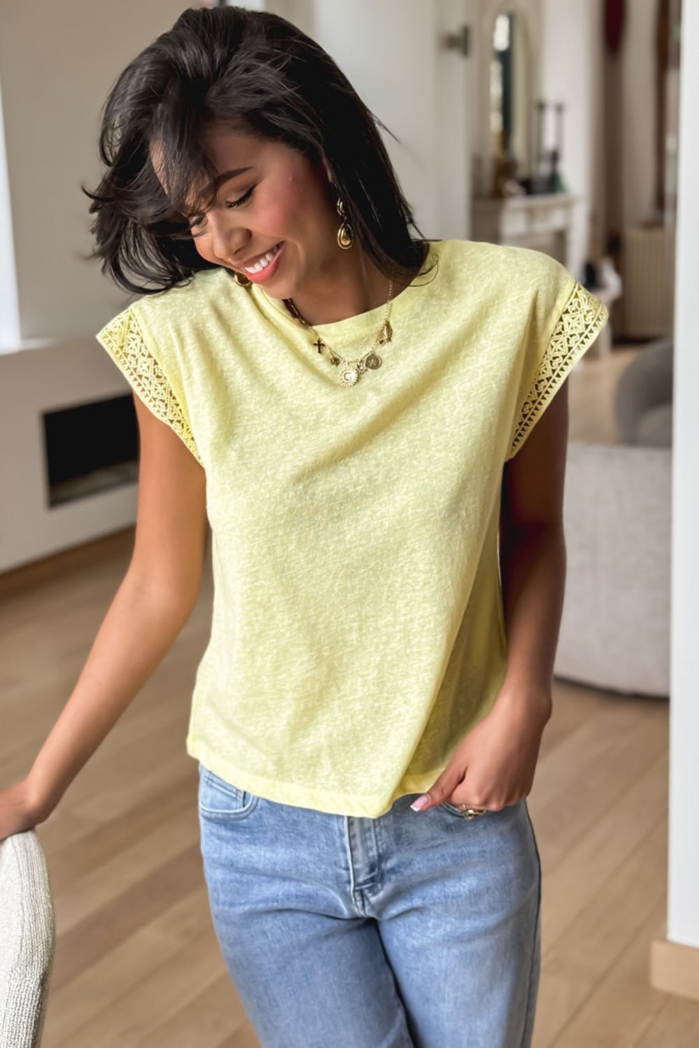 yellow cream lace patchwork cap sleeve round neck top - MAD RUFFI