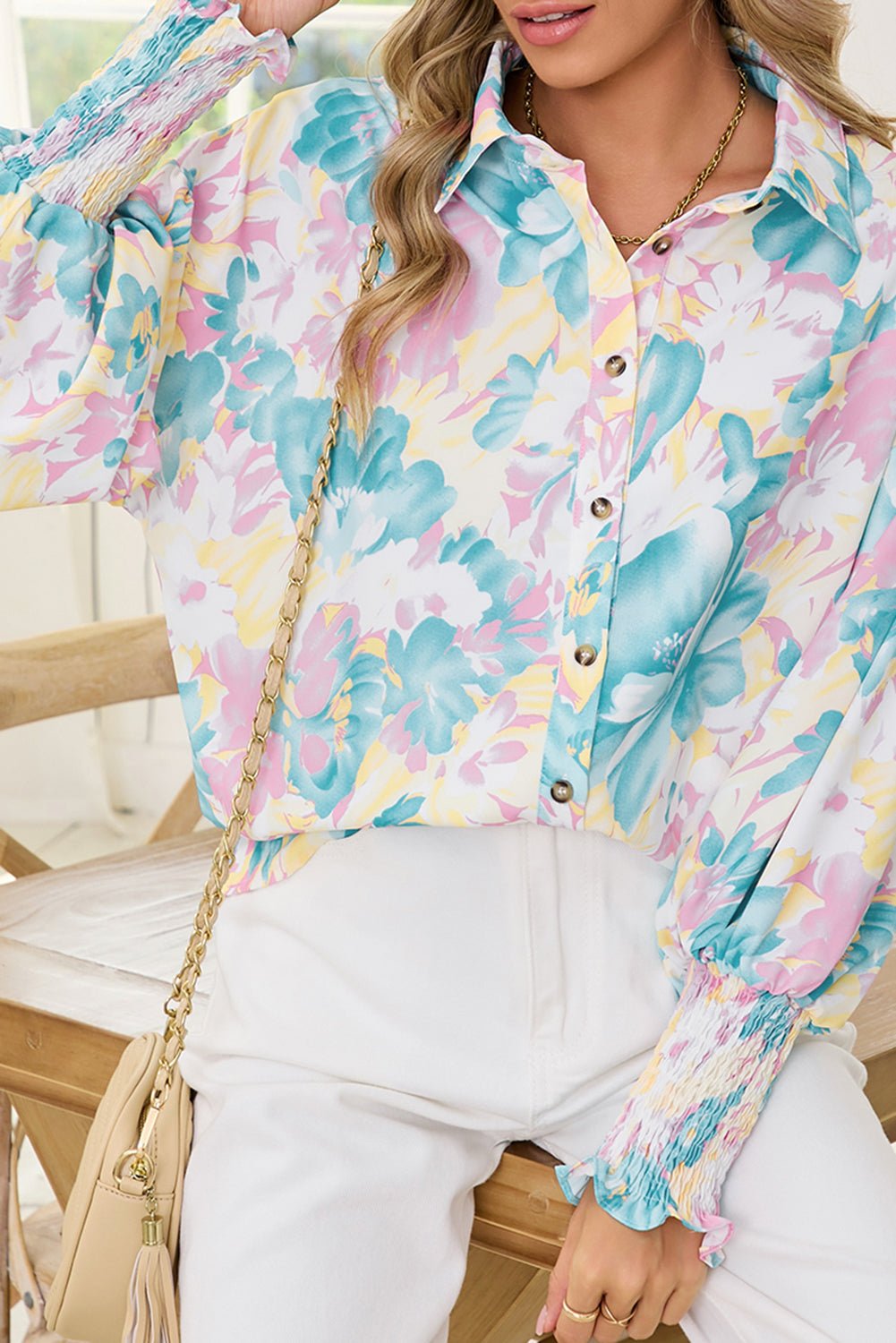 Yellow Floral Allover Print Shirred Cuff Oversized Shirt - MAD RUFFI