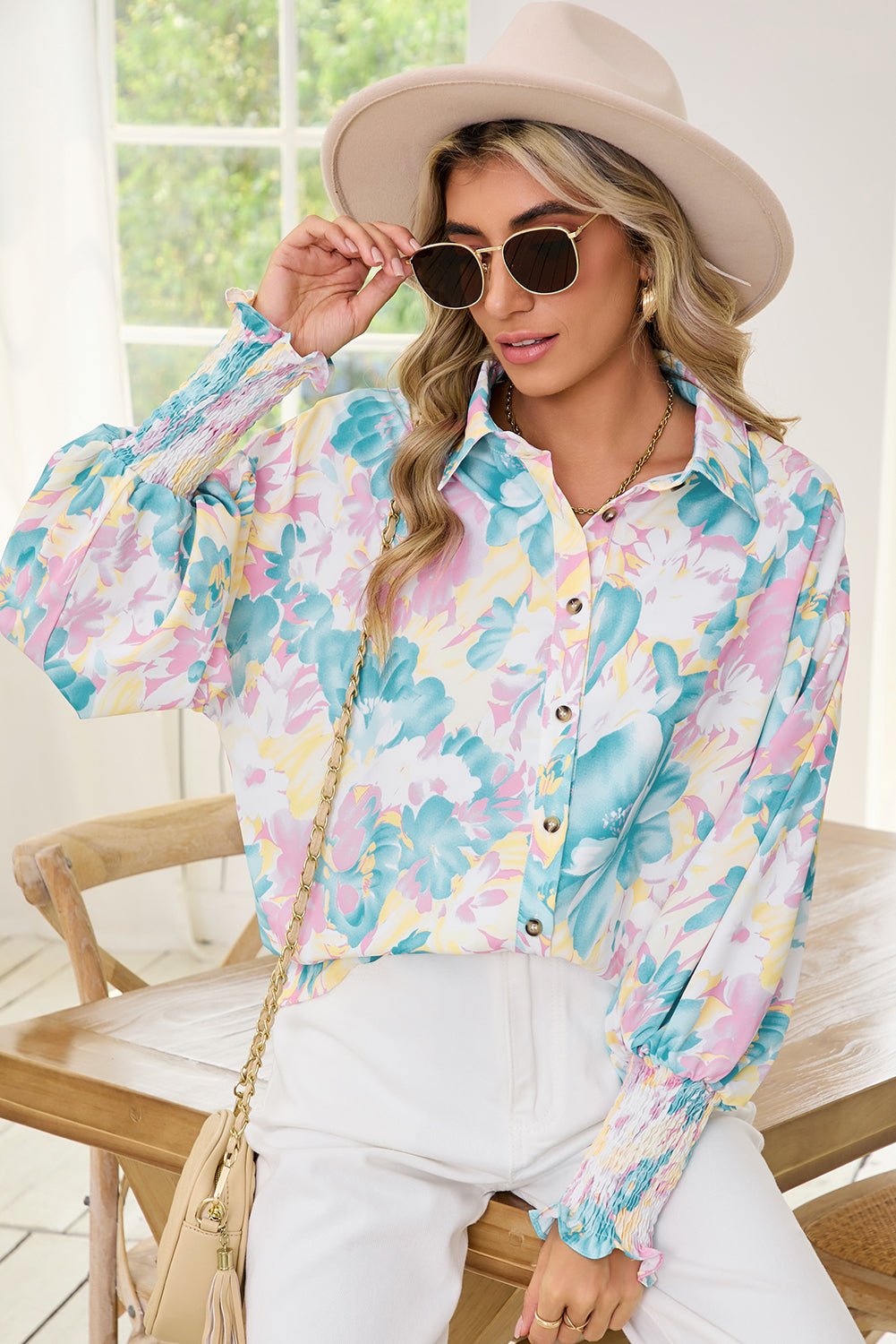 Yellow Floral Allover Print Shirred Cuff Oversized Shirt - MAD RUFFI