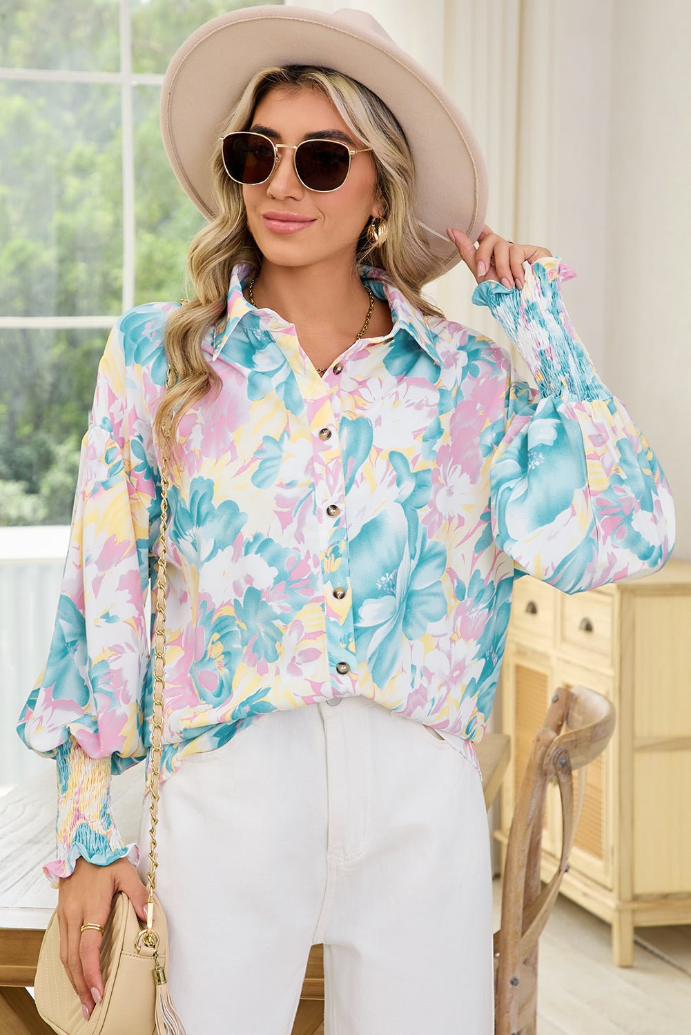 Yellow Floral Allover Print Shirred Cuff Oversized Shirt - MAD RUFFI